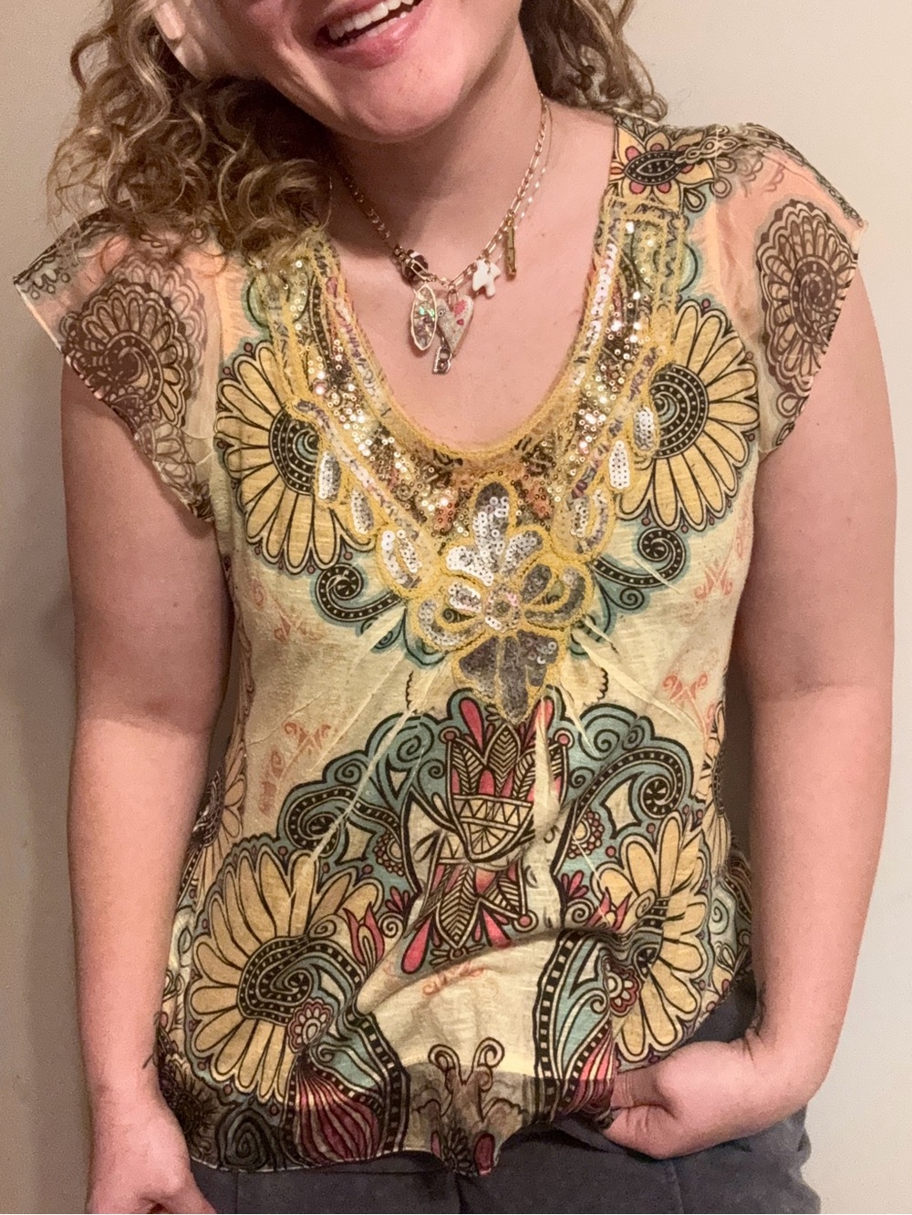 Boho Floral Sequin Scoop Neck Top - Yellow Multi